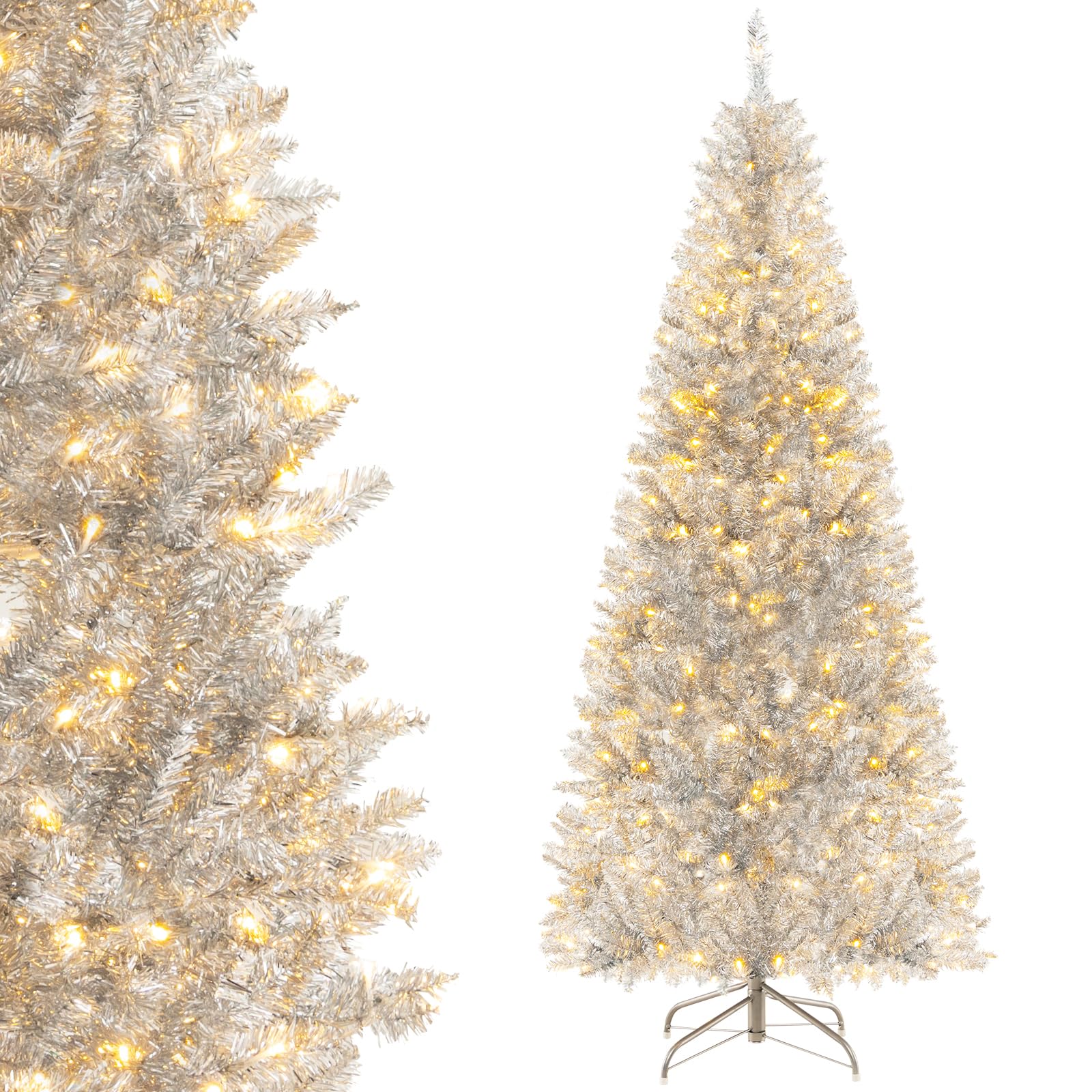Goplus 6ft Pre-lit Silver Pencil Christmas Tree, Artificial Tinsel Ele ...