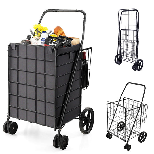 Goplus Folding Shopping Cart for Groceries, 330 LBS Weight Capacity, 360¡ã Rolling Swivel Wheels and Double Basket