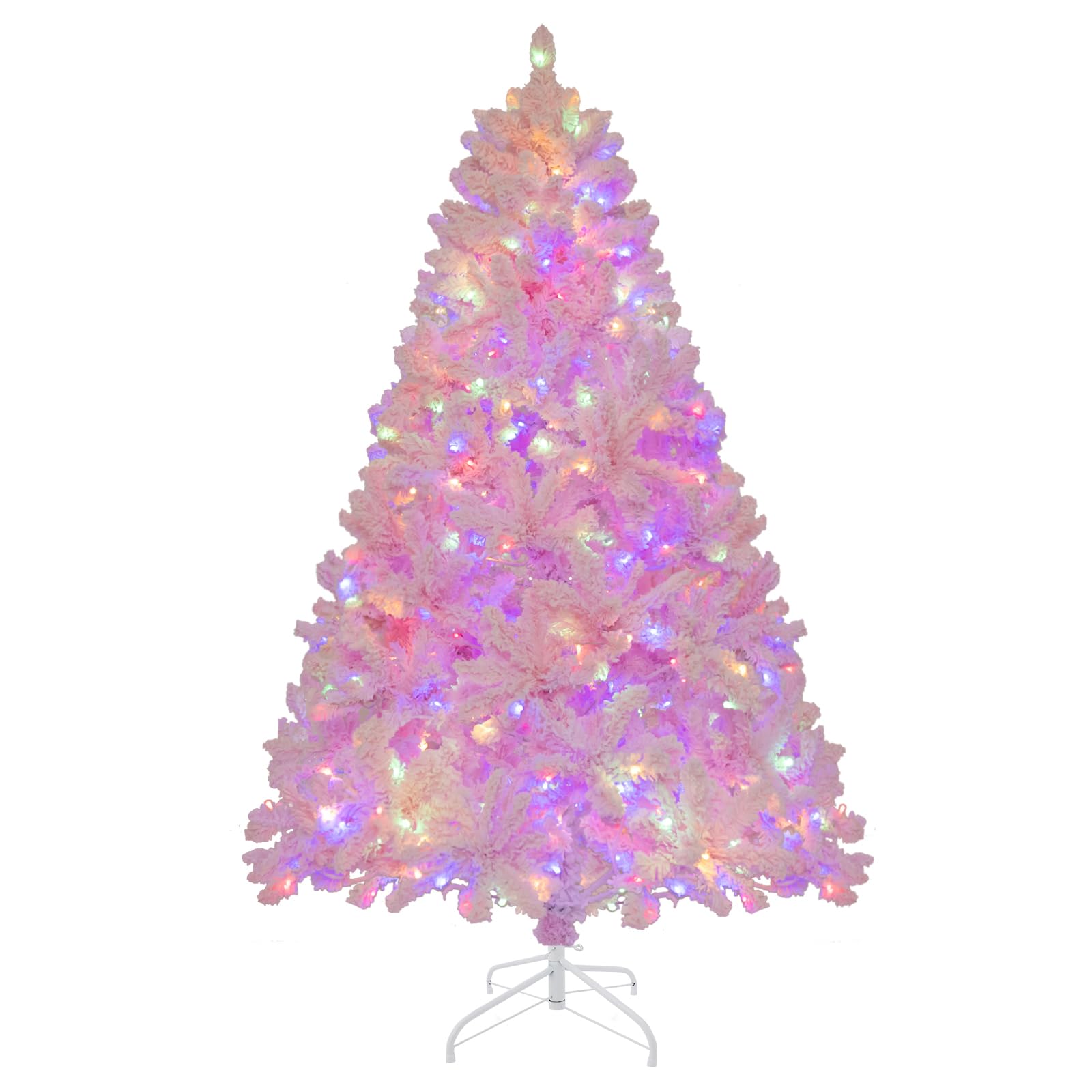 Goplus 6FT Pink Prelit Christmas Tree, Hinged Snow Flocked Artificial