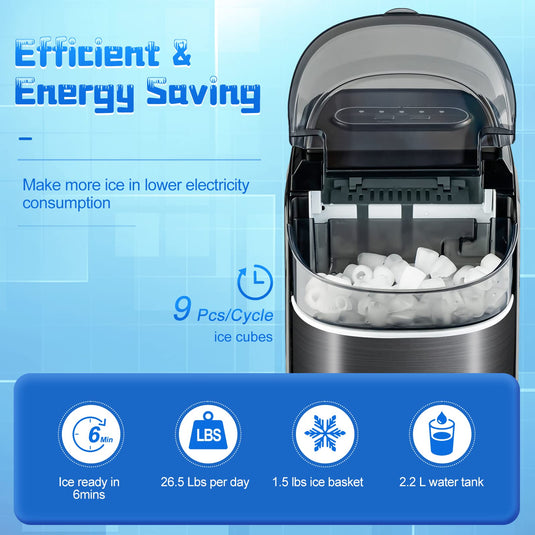 Countertop Ice Maker, 26.5 LBS/24H, 9 Cubes in 6 Mins, S/L Size, Self-Cleaning Function