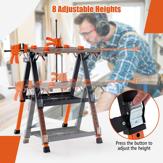 Goplus 2-in-1 Workbench, Easy Setup Folding Work Table with 4 Clamp Dogs
