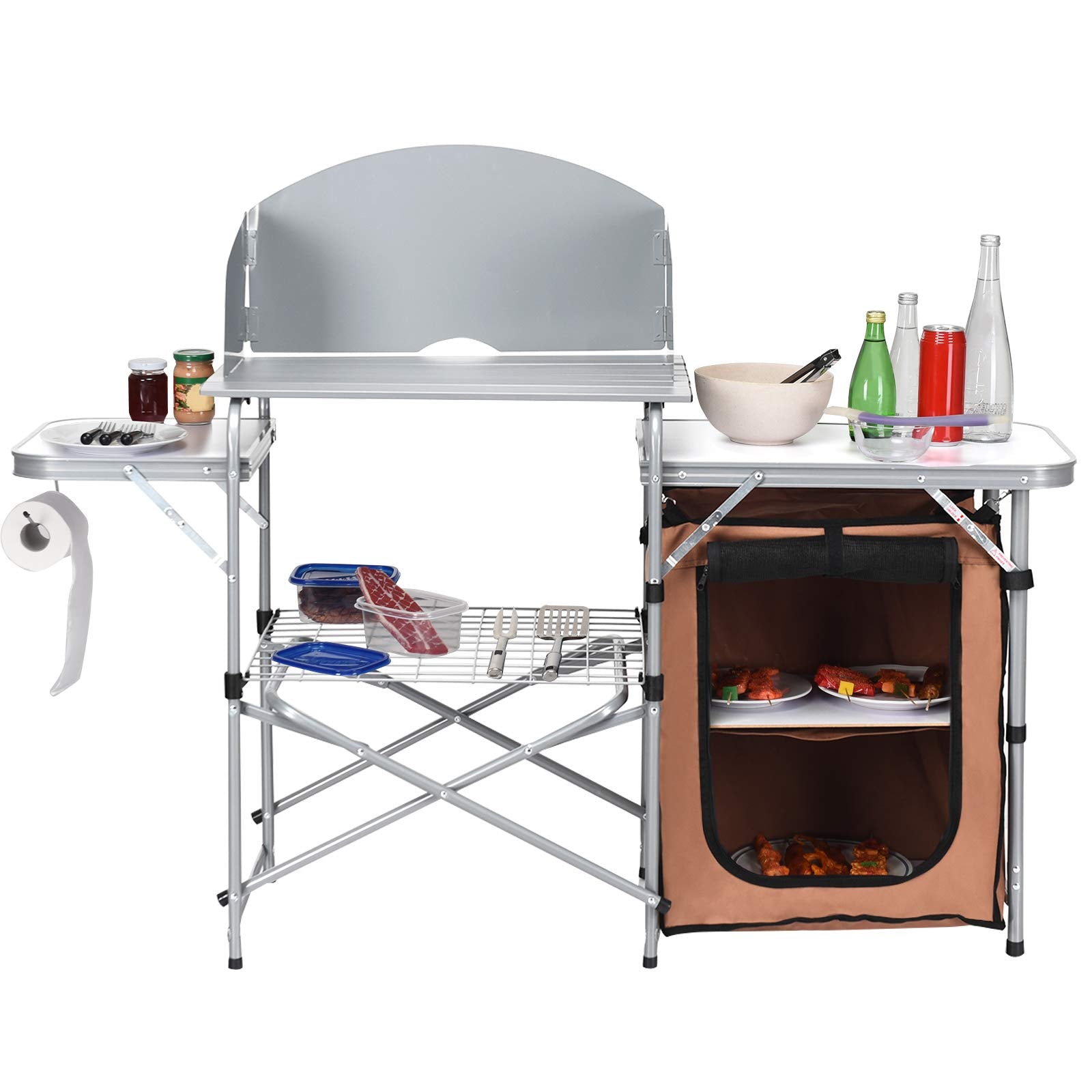 Goplus Folding Grill Table, Aluminum Camping Table with 26'' Main Tabletop,  Hooks and Carry Bag, Portable Picnic Table Grill Stand for Outdoor