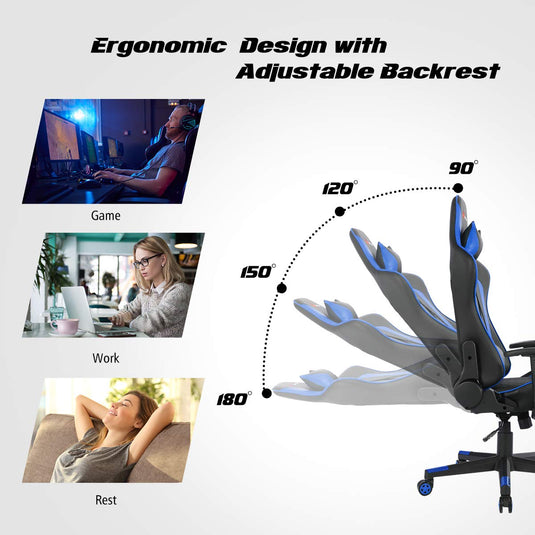 Massage Gaming Chair, Reclining Backrest Handrails and Seat Height Adjustment - GoplusUS