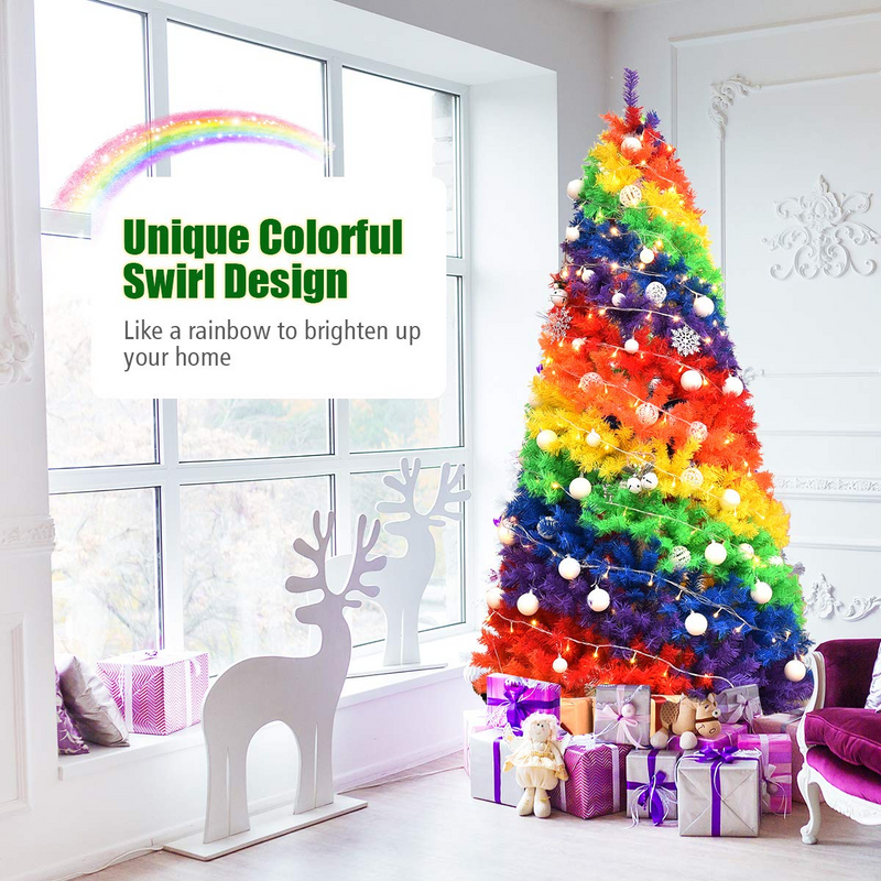 Load image into Gallery viewer, Goplus 7FT Colorful Rainbow Full Fir Christmas Tree, Artificial Hinged Christmas Tree w/Solid Metal Stand - GoplusUS
