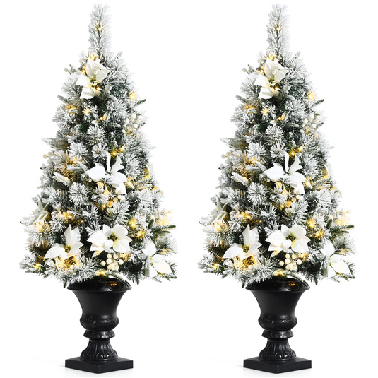 Goplus Flocked White Christmas Tree for Entrances, Pre-lit Artificial Xmas Tree w/ Warm White LED Lights - GoplusUS