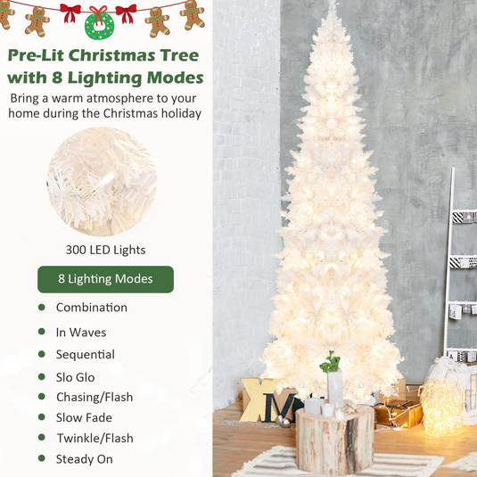 Goplus 7ft White Pre-Lit Pencil Christmas Tree, Artificial Hinged Slim Tree with 800 Tips, 300 Warm White Lights - GoplusUS
