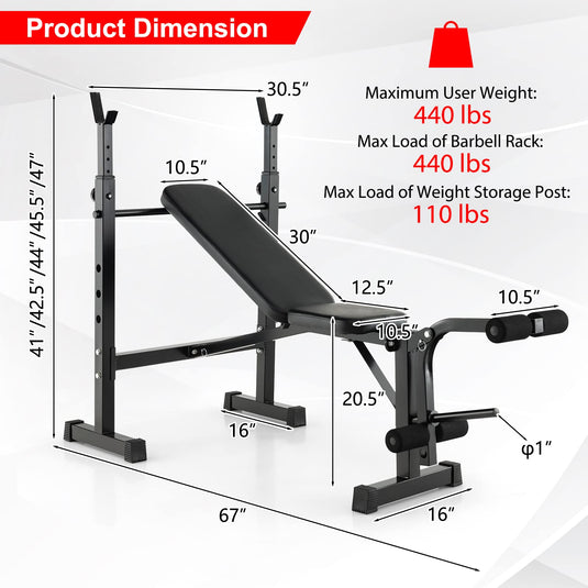 Goplus Adjustable Olympic Weight Bench Barbell Rack Set, Foldable Workout Bench Press Set with Leg Developer