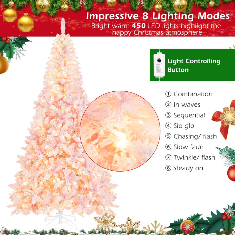 Load image into Gallery viewer, Goplus 7.5ft Pink Pre-Lit Christmas Tree, Hinged Artificial Snow Flocked Xmas Tree with 1100 PVC Branch Tips, 450 LED Lights - GoplusUS
