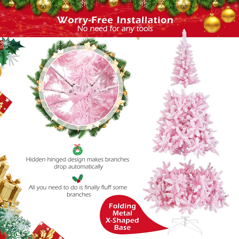 Load image into Gallery viewer, Goplus 7.5ft Pink Pre-Lit Christmas Tree, Hinged Artificial Snow Flocked Xmas Tree with 1100 PVC Branch Tips, 450 LED Lights - GoplusUS
