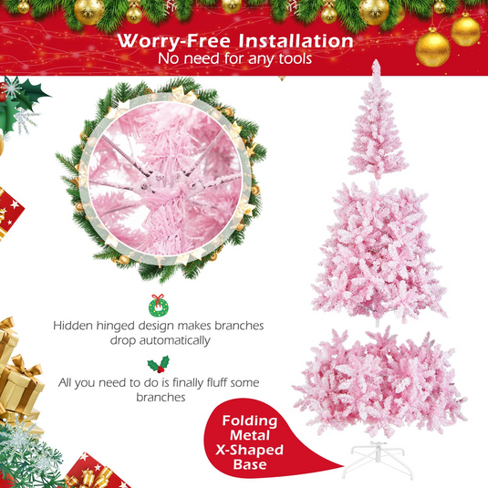 Goplus 7.5ft Pink Pre-Lit Christmas Tree, Hinged Artificial Snow Flocked Xmas Tree with 1100 PVC Branch Tips, 450 LED Lights - GoplusUS