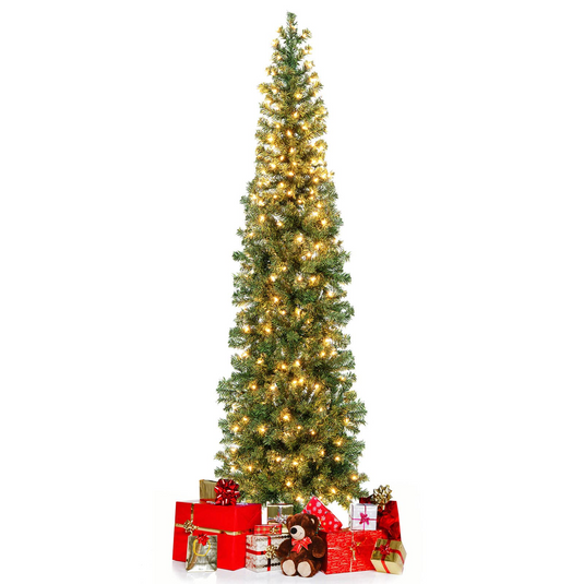 Goplus 7ft Prelit Half-Shape Christmas Tree, Space-Saving Slender Artificial Xmas Tree with 150 LED Lights - GoplusUS