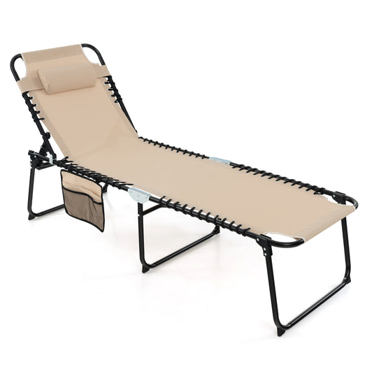 Patio Folding Chaise Lounge, Portable Lay Flat Reclining Chair w/ 4-Level Backrest, Side Pocket & Detachable Headrest