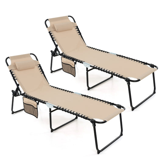 Patio Folding Chaise Lounge, Portable Lay Flat Reclining Chair w/ 4-Level Backrest, Side Pocket & Detachable Headrest