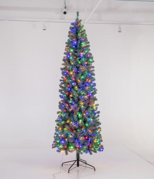 Goplus 9ft Pre-Lit Blue Slim Pencil Christmas Tree with 500 Warm White & Multicolored LED Lights, 9 Modes, 1168 Branch Tips