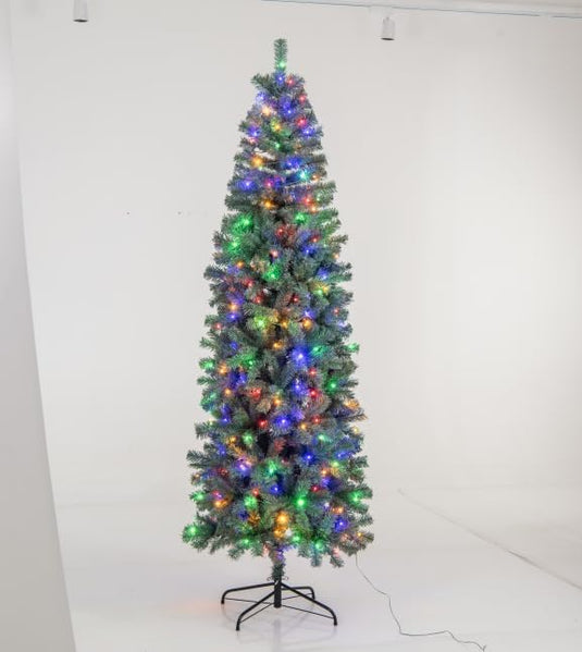 Goplus 7.5ft Pre-Lit Blue Slim Pencil Christmas Tree with 250 Warm White & Multicolored LED Lights, 9 Modes, 724 Branch Tips