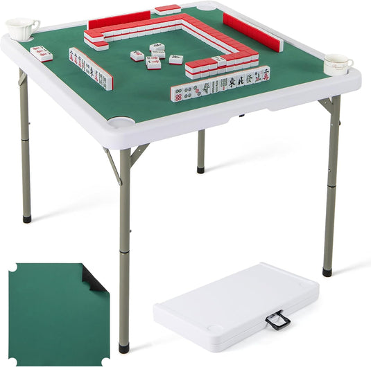 Goplus Mahjong Table, 35" Square Folding Card Table w/4Cup Holders, Anti Slip Mat, HDPE Tabletop w/Removable Mat