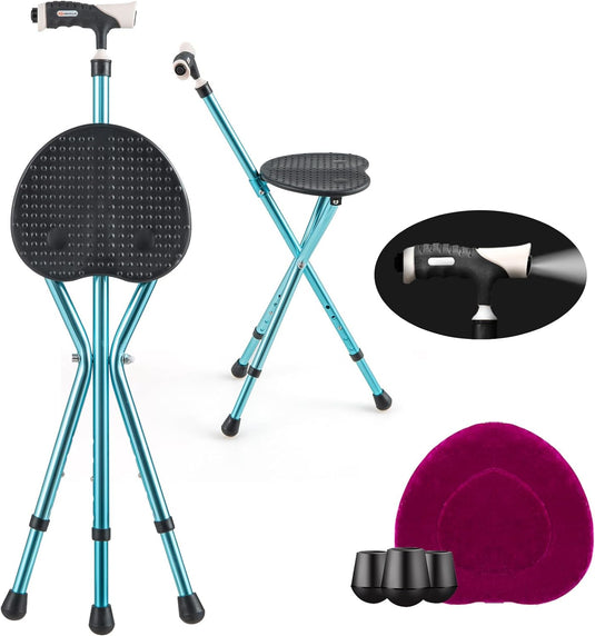 Adjustable Folding Cane Seat, Aluminum Alloy Crutch Chair with LED Light and Retractable 3 Legs