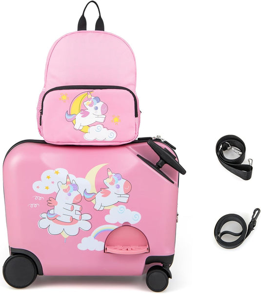 Goplus 2 PCS Kid Luggage Set, 18"Carry-on & Ride-on Suitcase W/Spinner Wheels