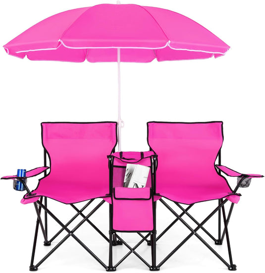 Double Folding Picnic Chairs Umbrella Mini Table Beverage Holder Carrying Bag