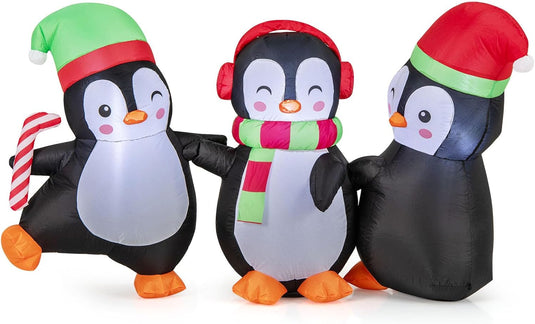 Goplus 6FT Christmas Inflatables, LED Lighted Xmas Inflatable Penguin Family Hand in Hand