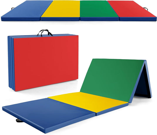 Goplus Folding Gymnastics Mat, 10’ x 4’ x 2’’ Thick Tumbling Mats with PU Leather, Hook & Loop Fasteners