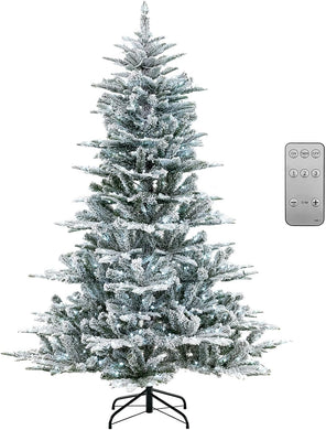 Goplus 6/7/8 ft Pre-Lit Snow Flocked Christmas Tree, Artificial Hinged Xmas Tree with 661/1119/1447 PVC & PE Tips