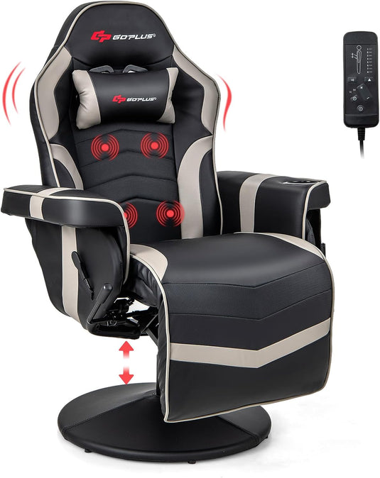 Goplus Gaming Chair, Height Adjustable Massage Video Game Chair with Retractable Footrest