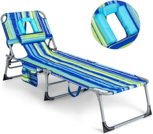 Beach Chaise Lounge with Face Hole, Folding Recliner  Black/Gray/Sky Blue/Navy
