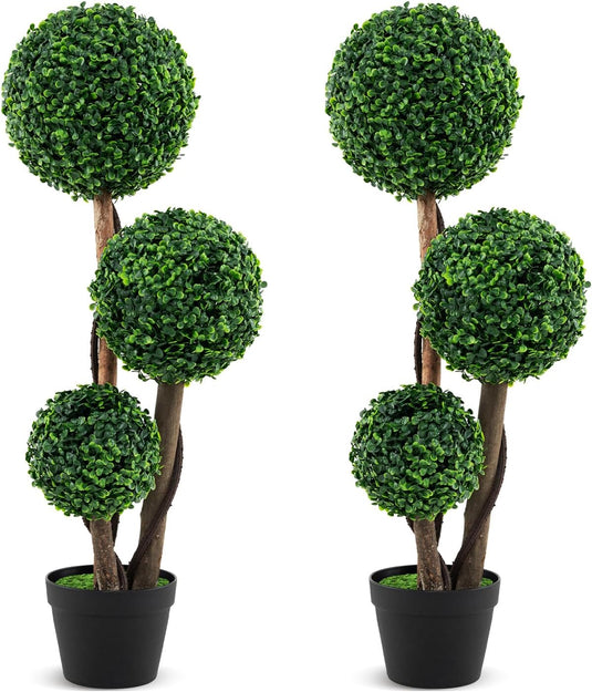 Goplus 3ft Artificial Boxwood Topiary Ball Tree, Faux Potted Plants with Solid Wood Trunks