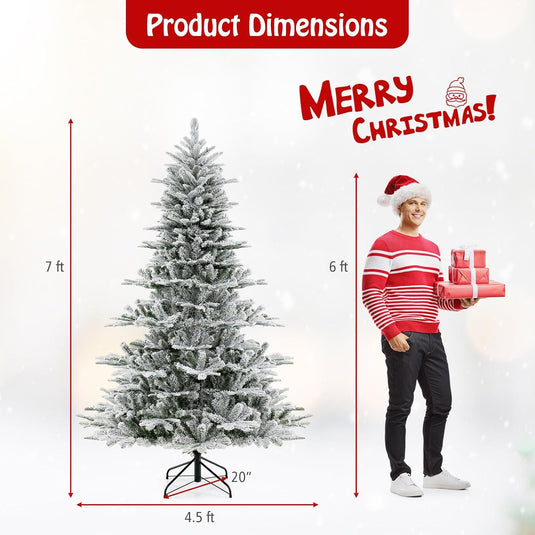 Goplus 6/7/8 ft Pre-Lit Snow Flocked Christmas Tree, Artificial Hinged Xmas Tree with 661/1119/1447 PVC & PE Tips