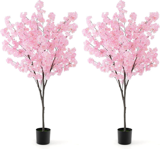 Goplus 6.5FT Artificial Cherry Blossom Tree, Pink Fake Flower Tree, Faux Floral Plant Blooming Tree in Cement Pot