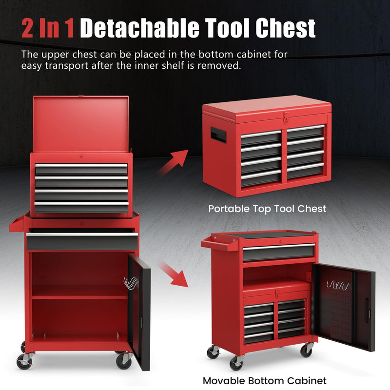 Load image into Gallery viewer, Goplus Rolling Tool Chest, 5 Drawers Tool Storage Cabinet with Universal Lockable Wheels, Detachable Top Toolbox, Lock Bar, Protective Liner, Heavy Duty Metal Tool Cart, Tool Box for Workshop Garage
