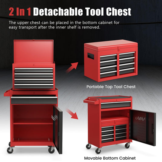 Goplus Rolling Tool Chest, 5 Drawers Tool Storage Cabinet with Universal Lockable Wheels, Detachable Top Toolbox, Lock Bar, Protective Liner, Heavy Duty Metal Tool Cart, Tool Box for Workshop Garage