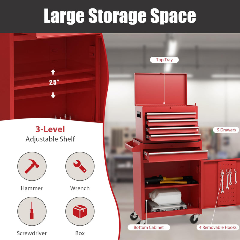 Load image into Gallery viewer, Goplus Tool Chest, 5 Drawers Rolling Tool Cabinet with Detachable Top Toolbox, Universal Lockable Wheels, Lock Bar, Protective Liner &amp; Tool Rack, Metal Tool Storage Cart, Tool Box for Garage Workshop
