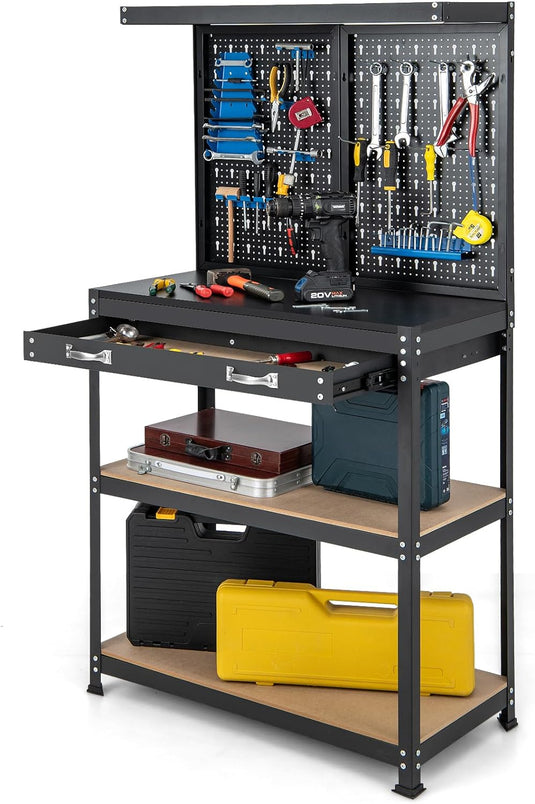 Goplus Workbench with Pegboard, 32" x 16" Multi-use Workbench with 2 Tires of Shelves, Topping Space