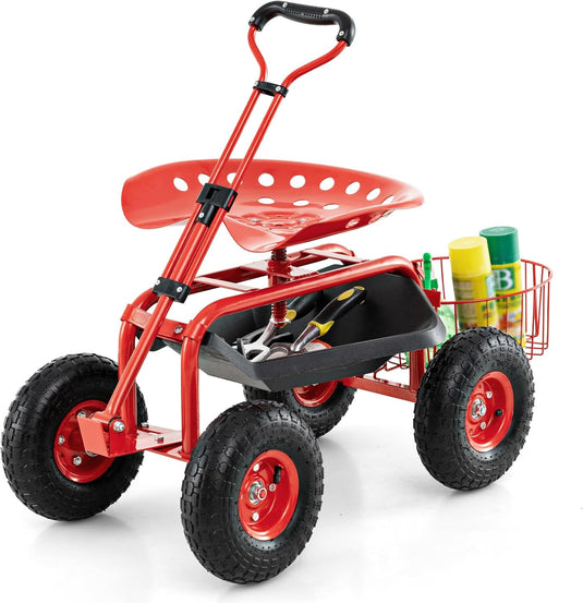 Garden Cart Gardening Workseat w/Wheels, Patio Wagon Scooter for Planting, 38"D x 17"W x 21"H