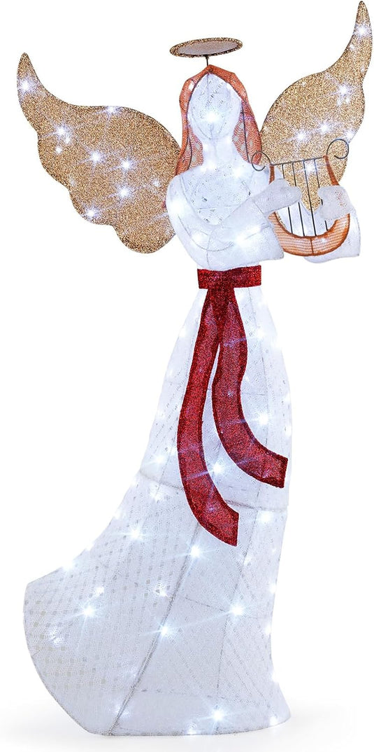 Goplus 5 FT Christmas Lighted Angel, Pre-Lit Winged Holiday Figure Angel with 120 Cold White LED Lights