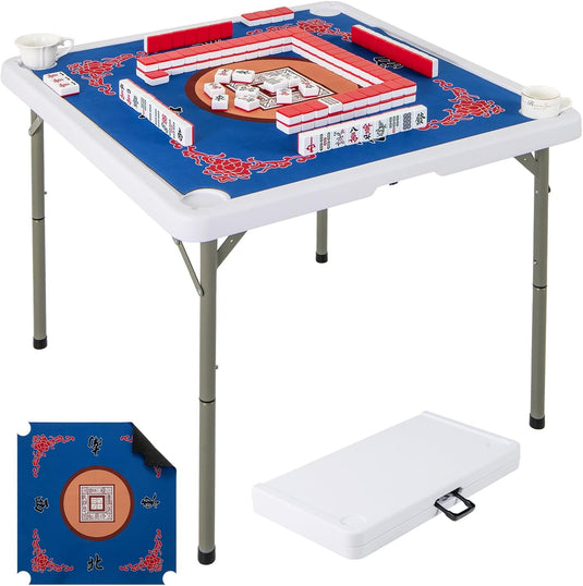 Goplus Mahjong Table, 35" Square Folding Card Table w/4Cup Holders, Anti Slip Mat, HDPE Tabletop w/Removable Mat