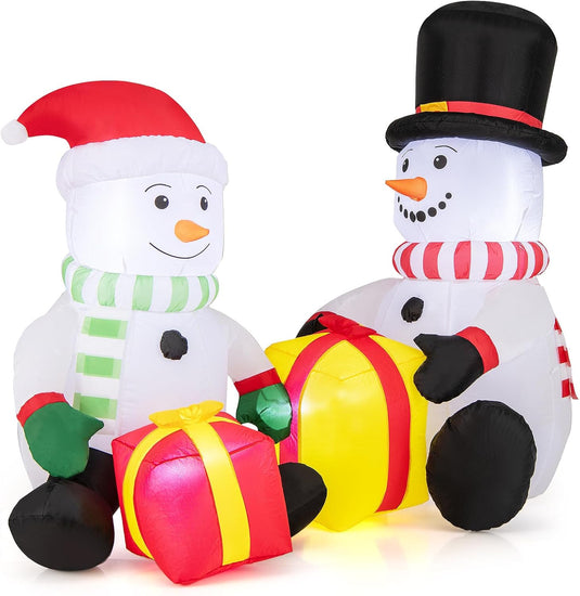 Goplus 5FT Christmas Inflatables, LED Lighted Xmas Double Inflatable Snowmen Holding Gift Boxes