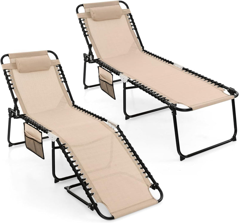 Load image into Gallery viewer, Goplus Beach Lounge Chair, Folding Chaise Lounger with Detachable Pillow &amp; Adjustable 4-Level Backrest &amp; 2-Level Footrest
