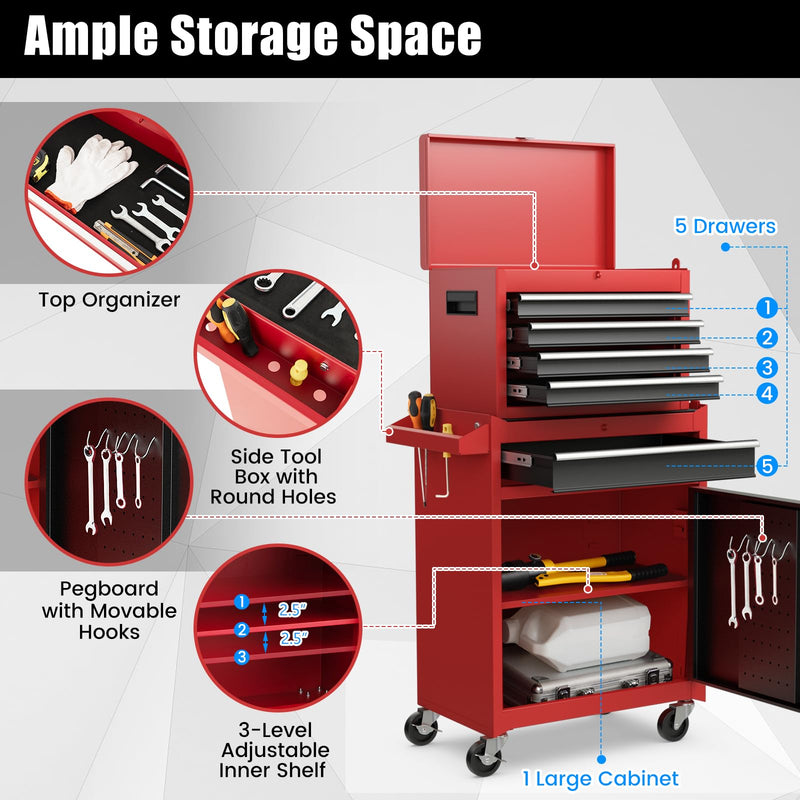 Load image into Gallery viewer, Goplus Rolling Tool Chest, 5 Drawers Tool Storage Cabinet with Universal Lockable Wheels, Detachable Top Toolbox, Lock Bar, Protective Liner, Heavy Duty Metal Tool Cart, Tool Box for Workshop Garage
