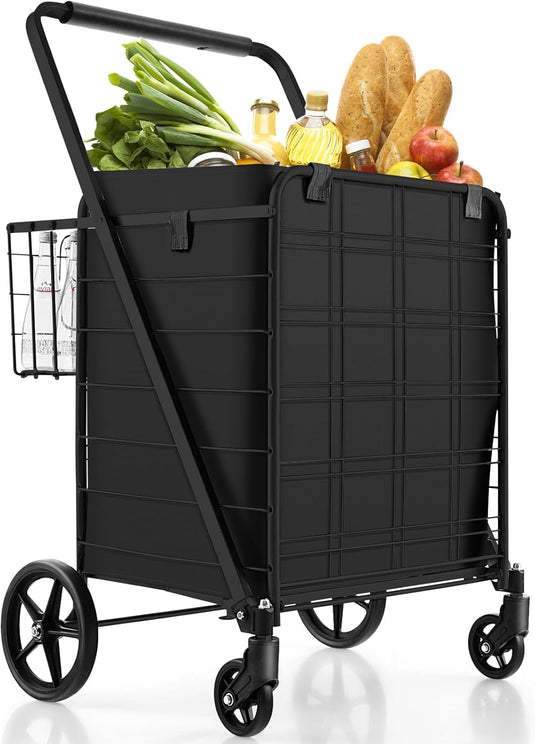 Goplus Shopping Cart for Groceries, Jumbo Upgraded Folding Grocery Cart with Waterproof Liner