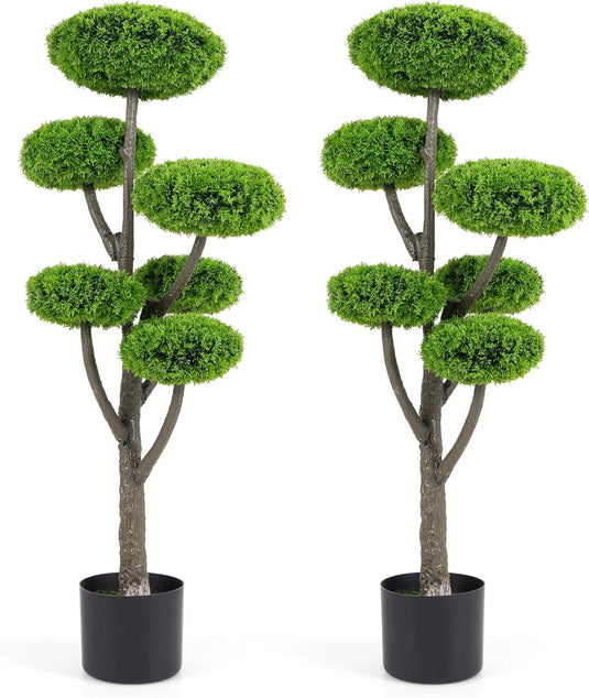 Goplus Artificial Cypress Topiary Tree, 44’’ Tall Artificial Plant, Indoor/Outdoor Topiary Trees with Cement Pot