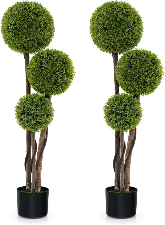 Goplus 4ft Artificial Boxwood Topiary Ball Tree, Faux Potted Plants Cypress Tree in Weighted Pot with Triple Ball