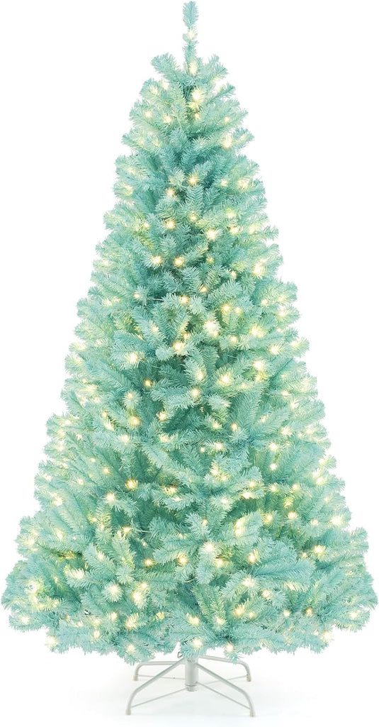 Goplus 6/7 FT Blue Pre-Lit Christmas Tree, Artificial Hinged Xmas Full Tree with 280/380 Warm White LED Lights