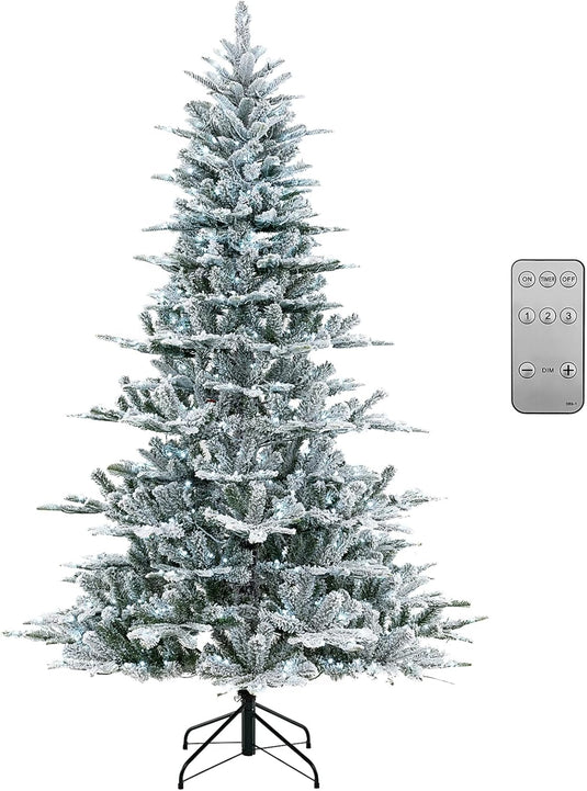 Goplus 6/7/8 ft Pre-Lit Snow Flocked Christmas Tree, Artificial Hinged Xmas Tree with 661/1119/1447 PVC & PE Tips