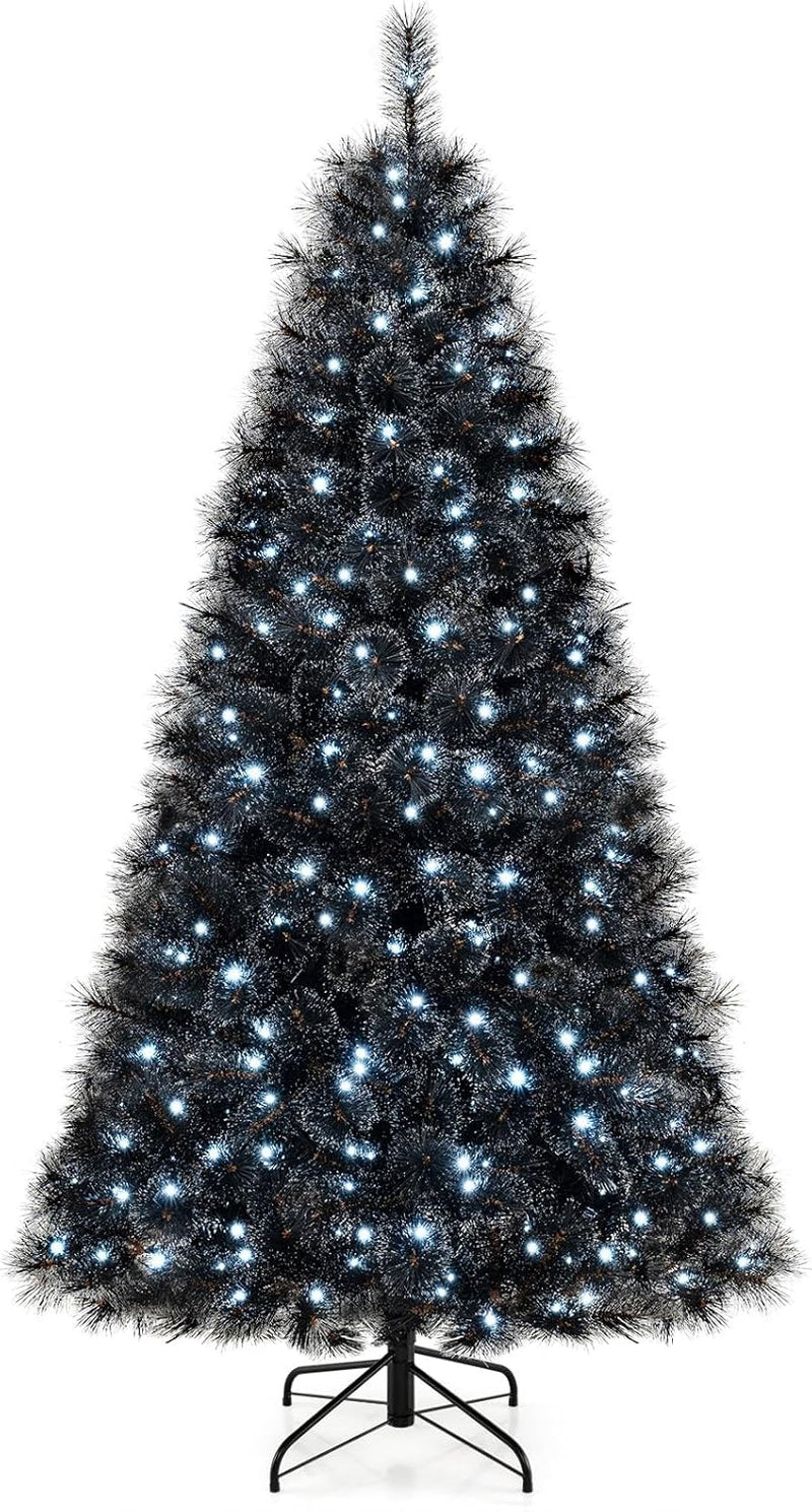 Load image into Gallery viewer, Goplus 6/7/8 ft Pre-Lit Black Halloween Christmas Tree, Artificial Hinged Xmas Full Tree with 362/572/860 Pine Needles &amp; PVC Branch Tips
