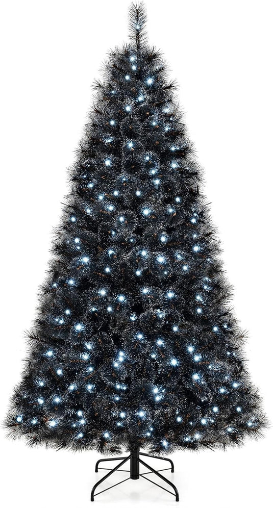 Goplus 6/7/8 ft Pre-Lit Black Halloween Christmas Tree, Artificial Hinged Xmas Full Tree with 362/572/860 Pine Needles & PVC Branch Tips