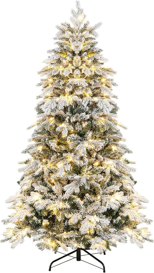 Goplus Pre-Lit Snow Flocked Christmas Tree, Artificial Hinged Xmas Tree with Branch Tips, PE & PVC Mixed Leaves