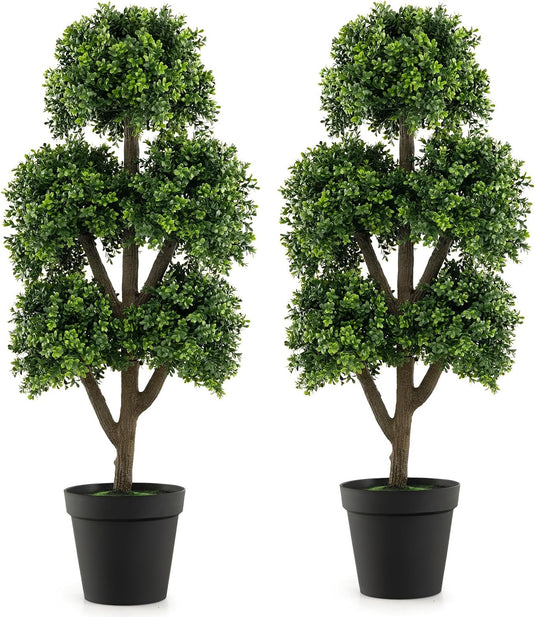 Goplus Artificial Boxwood Topiary Tree, 45” Tall Faux Potted Plants with 5 Ball-Shaped Topiaries, Cement Flowerpot